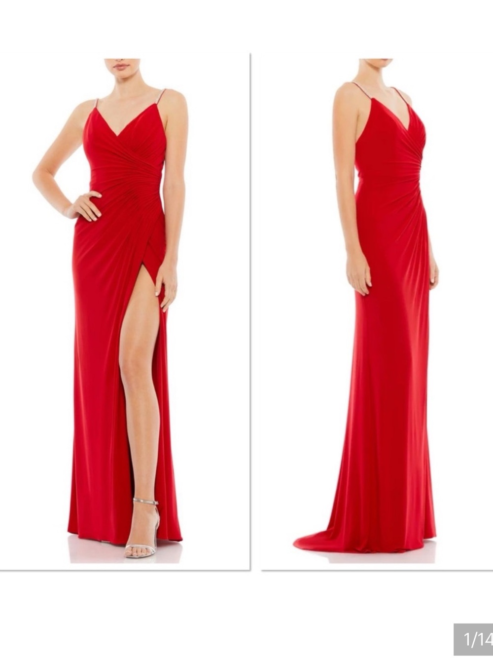 Mac Duggal Red Spaghetti-Strap Maxi Gown with High Slit